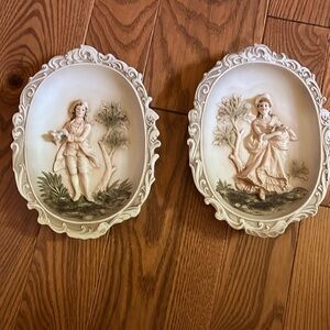 Vintage Lefton 2  Victorian 3d hand painted porcelain wall hangings